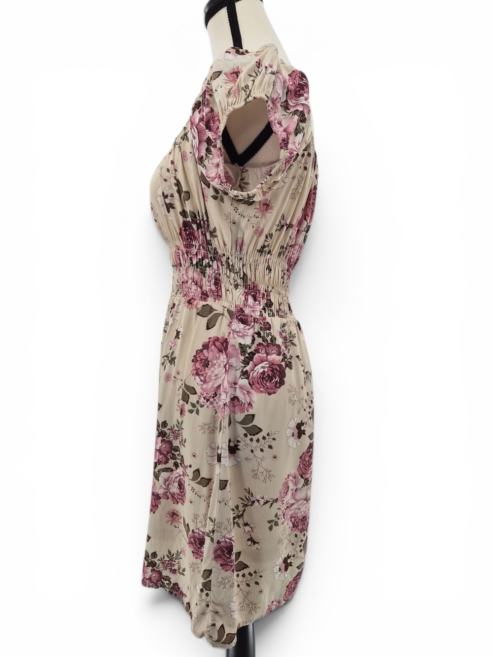Cream Floral Mini Dress S Puff Sleeve Smocked Waist Coquette Cottagecore Prairie - Picture 4 of 14